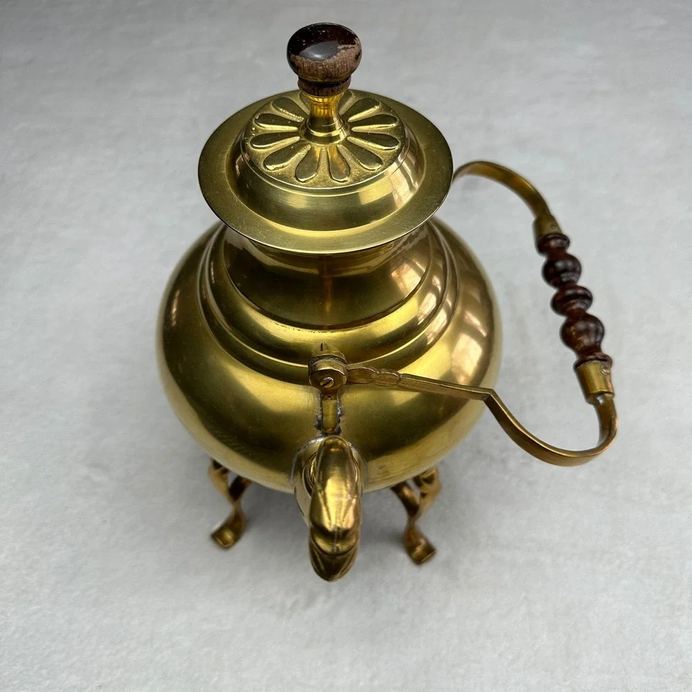 Vintage 70s Brass Teapot with Wooden Handle and‎ Stand Decorative Kettle